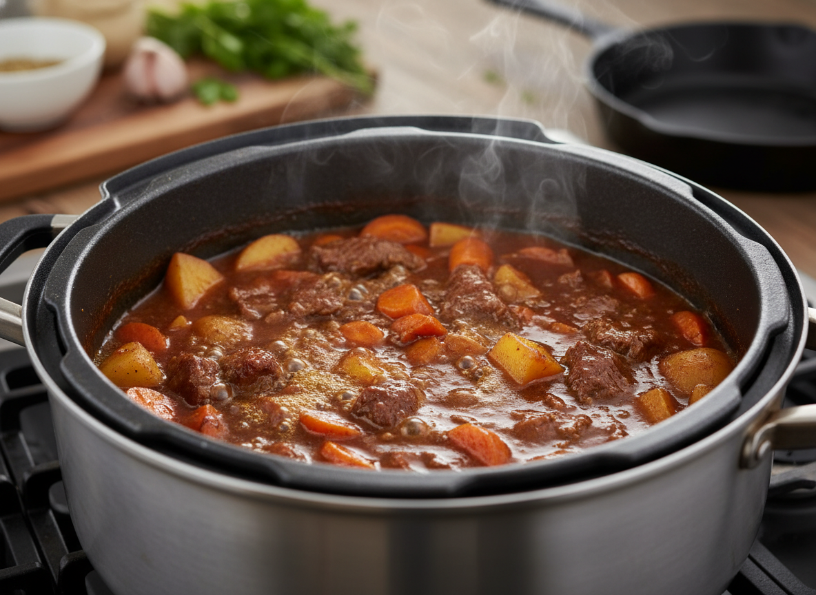 Cozinhe em fogo brando, sem a tampa, por mais 15-20 minutos, ou até que os legumes estejam macios e o molho tenha engrossado levemente.