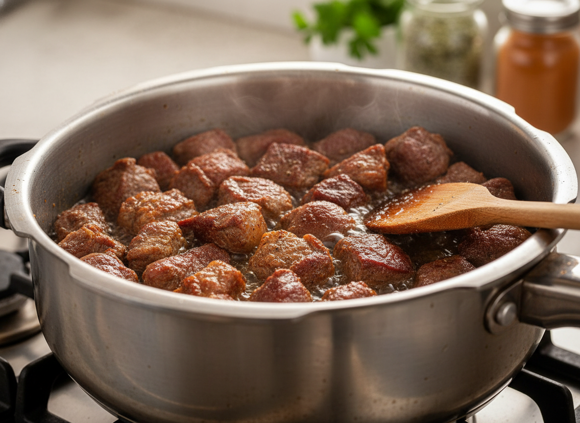Em uma panela de pressão grande, aqueça o óleo vegetal em fogo médio-alto. Doure a carne em levas para não superlotar a panela.
