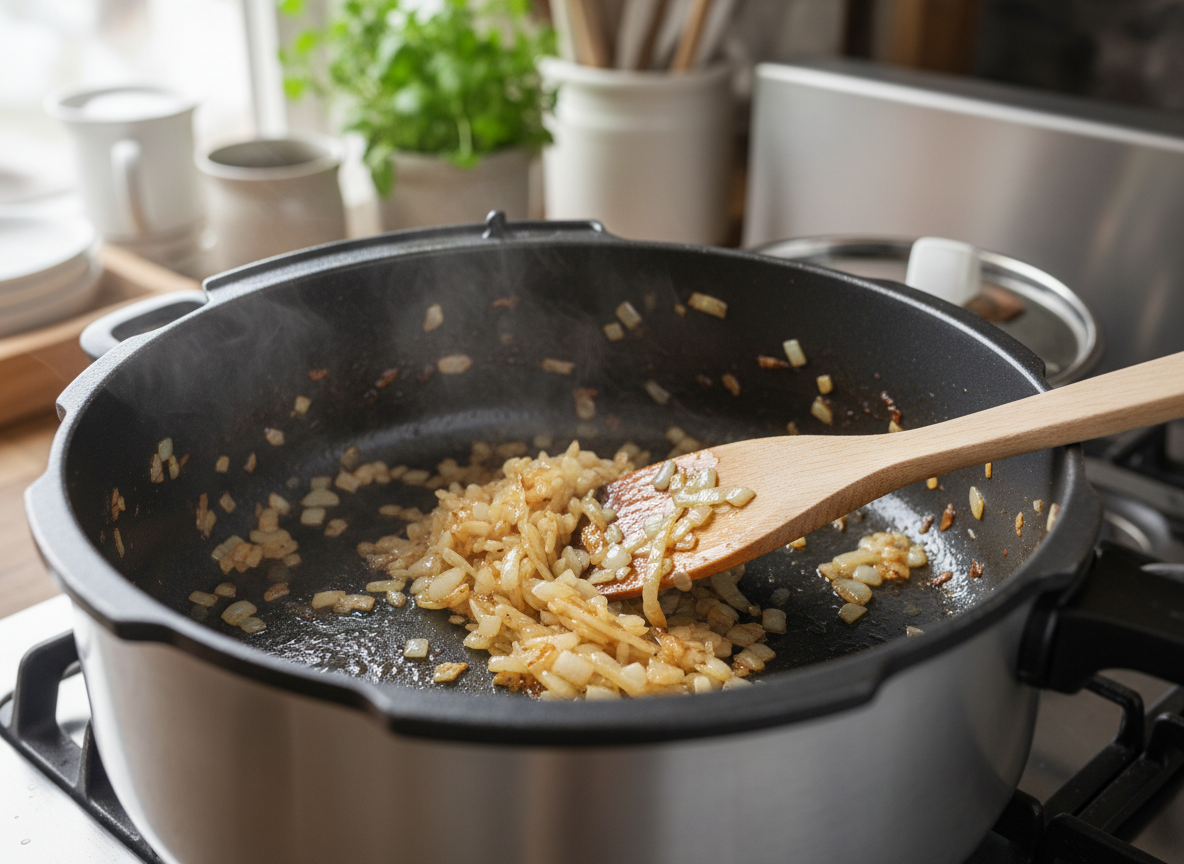 Retire a carne e reserve. Na mesma panela, adicione a cebola picada e refogue até ficar translúcida.