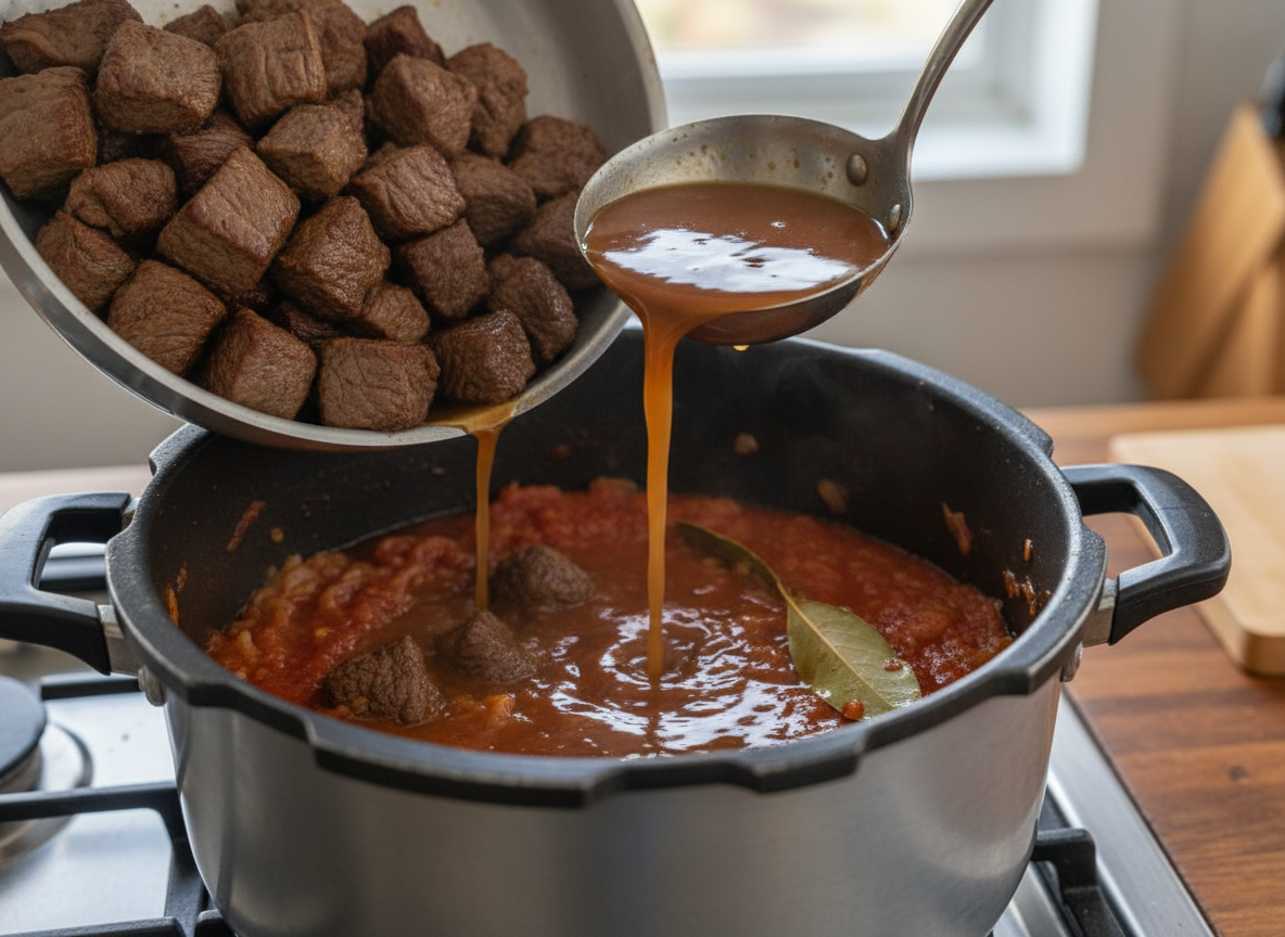 Retorne a carne dourada para a panela. Adicione o caldo de carne e as folhas de louro. Se necessário, adicione água quente até cobrir a carne.