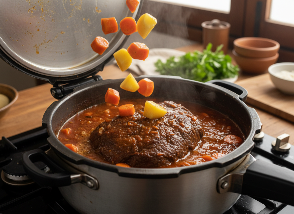  Feche a panela de pressão e cozinhe por aproximadamente 30-40 minutos após o início da pressão.