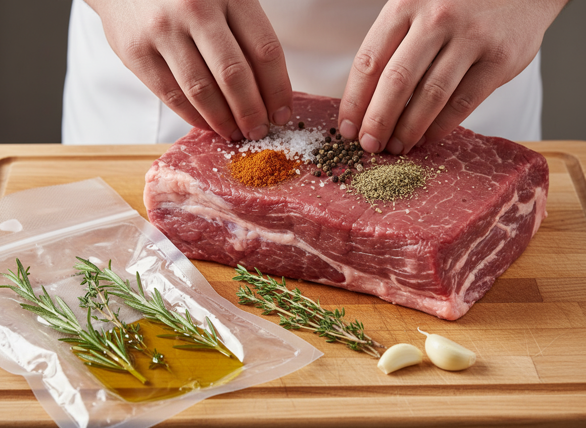 Comece temperando a Alcatra com Maminha Montana generosamente com sal grosso, pimenta-do-reino, páprica defumada e os dentes de alho amassados. Coloque a carne em um saco próprio para sous vide junto com os ramos de alecrim, tomilho e uma colher de sopa de azeite. Retire todo o ar e sele o saco.