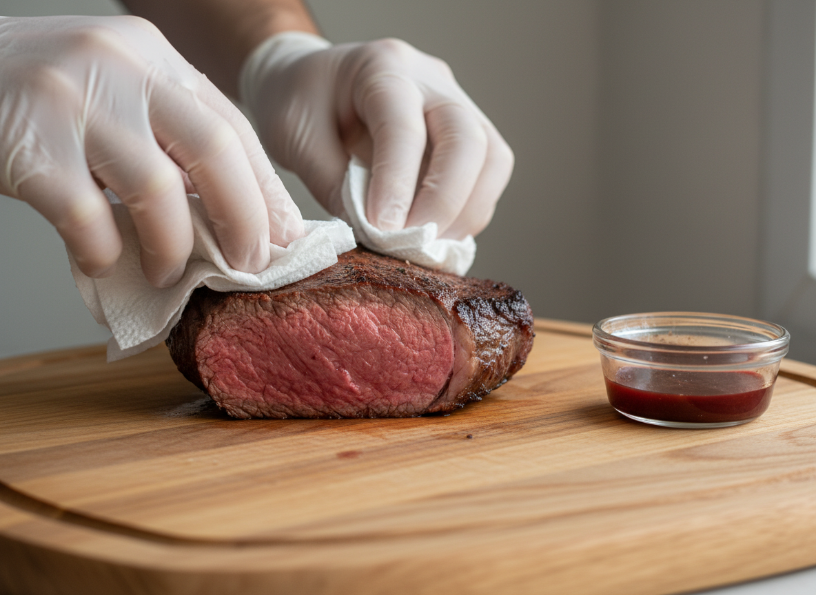 Cozinhe a Alcatra com Maminha Montana em banho-maria sous vide a 57°C por 3 a 4 horas para um ponto médio-malpassado. Após o tempo, retire a carne do saco, seque-a muito bem com papel toalha e reserve o suco que se formou no saco.