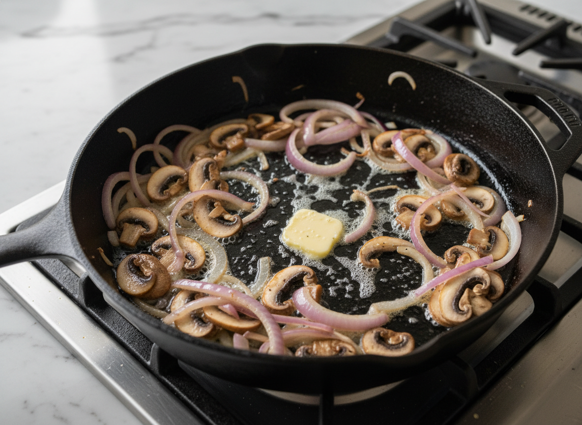 Enquanto a carne cozinha, prepare o ragú de cogumelos: Em uma frigideira grande, derreta uma colher de sopa de manteiga com uma colher de sopa de azeite. Adicione a cebola roxa e refogue até ficar translúcida. Junte os cogumelos fatiados e refogue em fogo alto até dourarem e perderem o excesso de água.