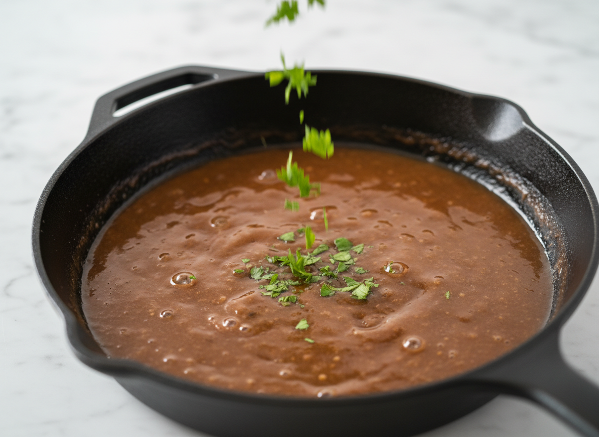 Despeje o vinho tinto na frigideira e raspe o fundo para soltar os sabores. Deixe o álcool evaporar por alguns minutos. Adicione o caldo de carne e o suco reservado da Alcatra com Maminha Montana. Tempere com sal e pimenta-do-reino. Cozinhe em fogo baixo até o molho reduzir e engrossar levemente. Finalize com a salsinha picada.