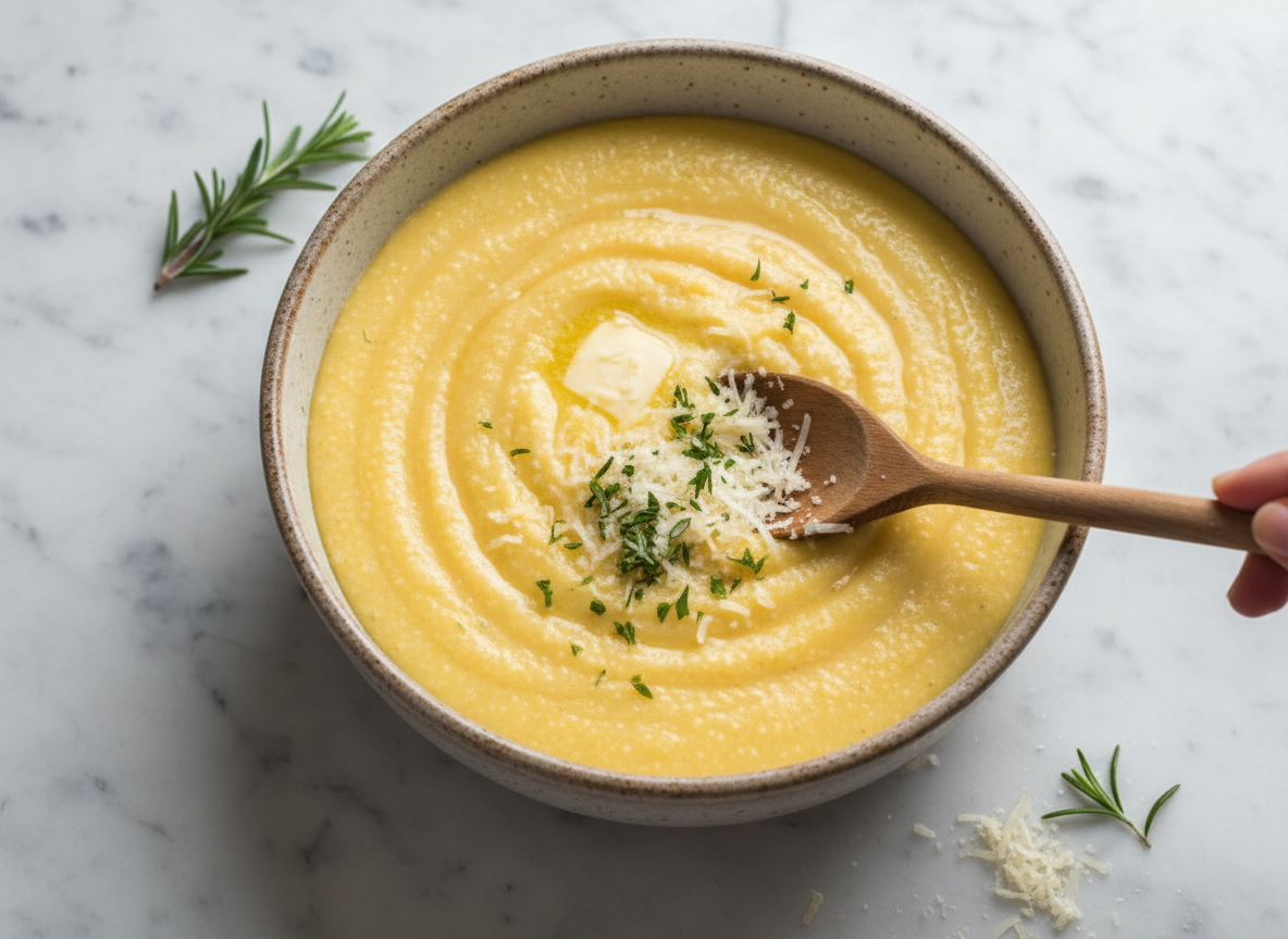 Retire a polenta do fogo e incorpore a manteiga restante, o queijo parmesão ralado e o alecrim fresco picado finamente. Acerte o sal e a pimenta-do-reino branca a gosto, garantindo uma textura lisa e aveludada. 